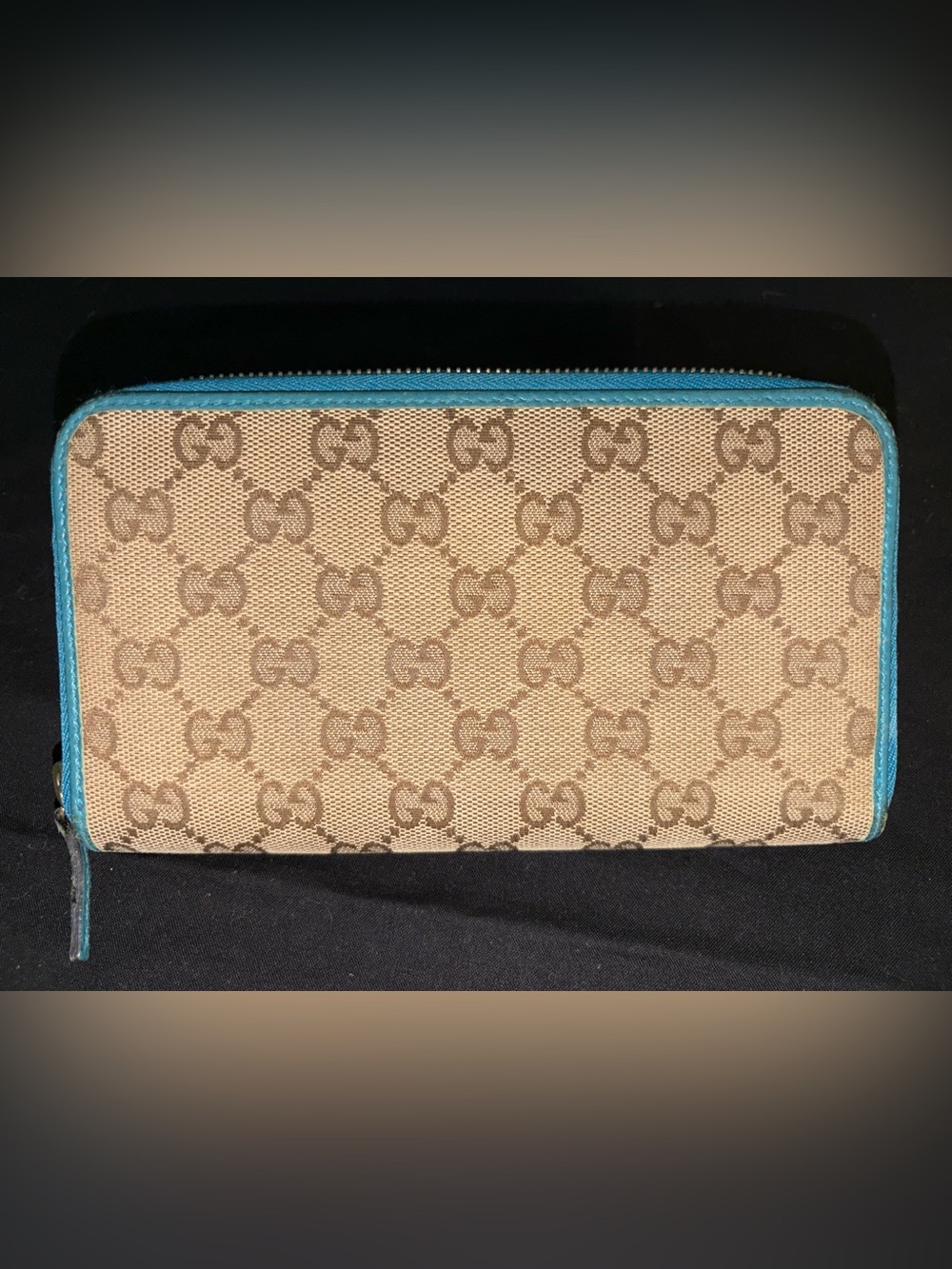 Gucci Beige GG Canvas Zip Wallet with Turquoise Trim